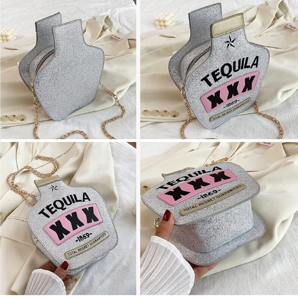 Crossbody Novelty Tequila Sparkly Silver Bag Purse Zip Close Crossbody - Picture 16 of 16